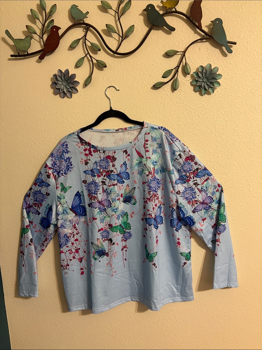 Women's Light Blue Butterfly Print Long Sleeve Top